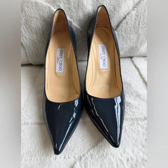 $779 Jimmy Choo Navy Patent Leather 100mm 4” Pumps High Heels 38.5 8.5 - Picture 2 of 9